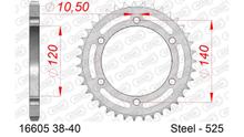 Piñón AFAM 525 LK 140 Ø 120 38Z acero plateado con 6 orificios