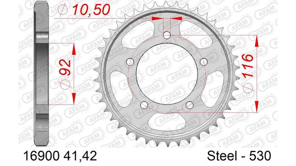 Kettenrad AFAM 530 LK 116 Ø 92 42Z 5-Loch Stahl silber