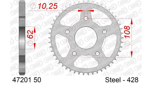 Piñón AFAM 428 LK 108 Ø 62 50Z acero plateado con 5 orificios