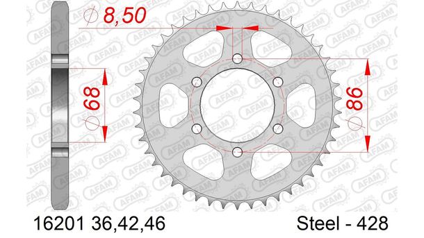 Piñón de acero AFAM 428 LK 86 Ø 68 42Z plateado con 6 orificios