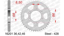 Piñón de acero AFAM 428 LK 86 Ø 68 42Z plateado con 6 orificios