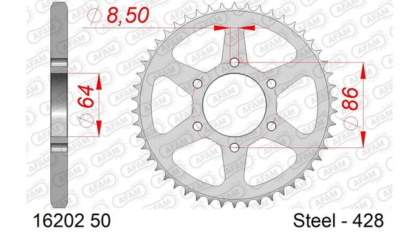 AFAM 428 LK 86 Ø 64 50Z 6-hole steel sprocket silver