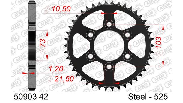 AFAM 525 LK 103 sprocket Ø 73 42Z 6-hole steel silver