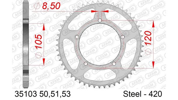 Kettenrad AFAM 420 LK 120 Ø 105 53Z 5-Loch Stahl silber