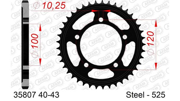 Piñón de acero AFAM 525 LK 120 Ø 100 43Z negro con 5 orificios