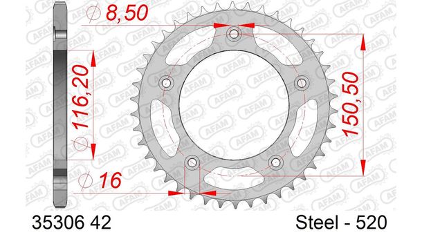 Kettenrad AFAM 520 LK 150 Ø 116,2 42Z 5-Loch Stahl silber