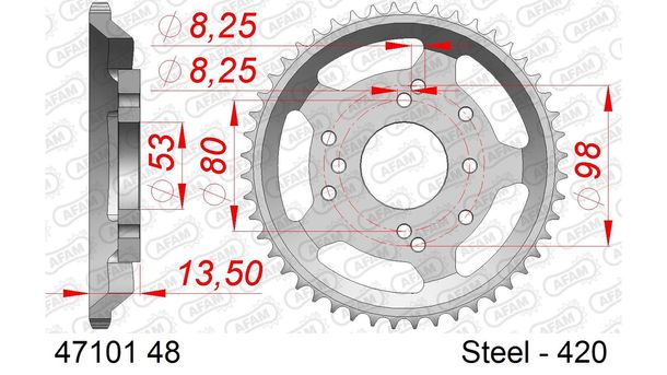 AFAM 420 LK 98 sprocket Ø 53 48Z 6-hole steel silver