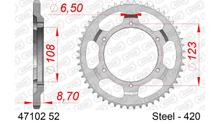 Piñón AFAM 420 LK 123 Ø 108 52Z acero plateado con 6 orificios