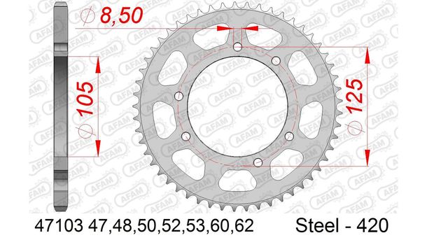 Kettenrad AFAM 420 LK 125 Ø 105 47Z 6-Loch Stahl silber
