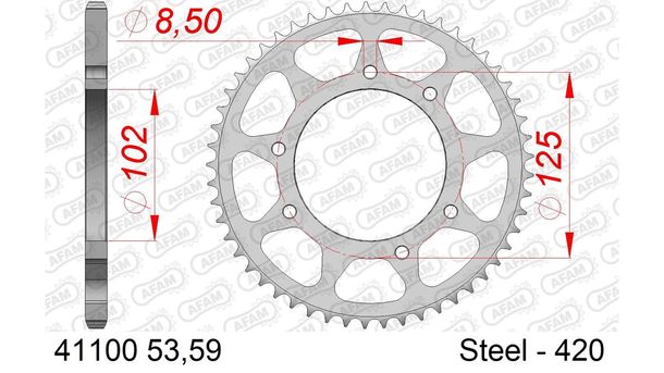 Kettenrad AFAM 420 LK 125 Ø 102 53Z 6-Loch Stahl silber