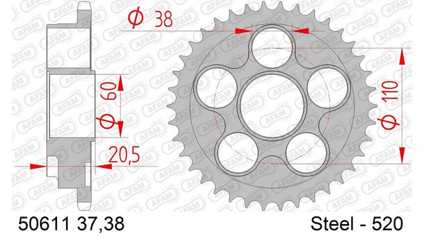 AFAM 520 LK 110 sprocket Ø 60 38Z 5-hole steel silver