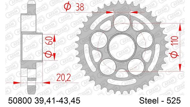 AFAM 525 LK 110 sprocket Ø 60 45Z 5-hole steel silver