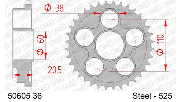 Piñón AFAM 525 LK 110 Ø 60 36Z acero plateado con 5 orificios
