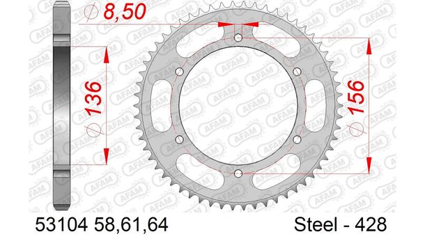 Pignone AFAM 428 LK 156 Ø 136 61Z in acciaio a 6 fori argento