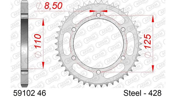 AFAM 428 LK 125 Ø 100 46Z 6-hole steel sprocket silver