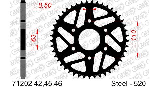 AFAM 520 LK 110 Ø 63 42Z 6-hole steel sprocket black