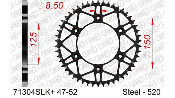 Kettenrad SLK AFAM 520 LK 150 Ø 125 49Z 6-Loch Stahl schwarz