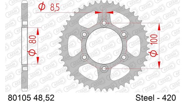 Kettenrad AFAM 420 LK 100 Ø 80 48Z 6-Loch Stahl silber