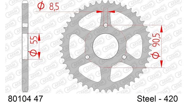 AFAM 420 LK 90 sprocket, Ø 55 47Z 3-hole steel silver