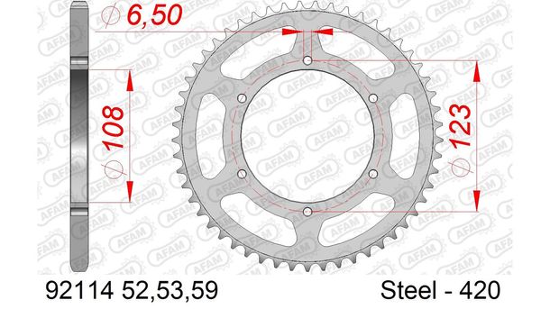 Kettenrad AFAM 420 LK 123 Ø 108 53Z 6-Loch Stahl silber
