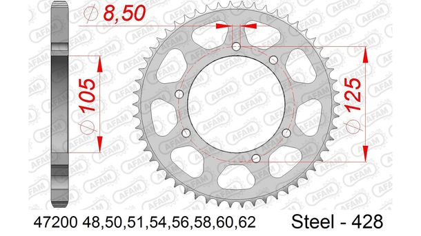Kettenrad AFAM 428 LK 125 Ø 105 58Z 6-Loch Stahl silber