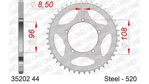 Kettenrad AFAM 520 LK 108 Ø 96 44Z 5-Loch Stahl silber