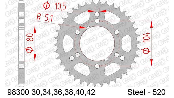 AFAM 520 LK 104 sprocket Ø 80 30Z 6-hole steel silver