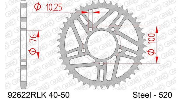 Pignon AFAM 525 LK 100 Racing Ø 76 43Z 5 trous en acier noir