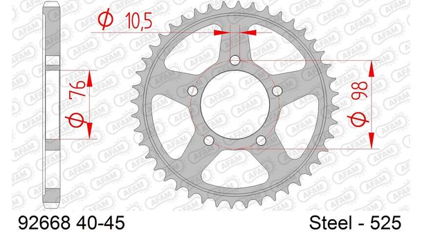 AFAM 525 LK 98 sprocket Ø 76 41Z 5-hole steel silver