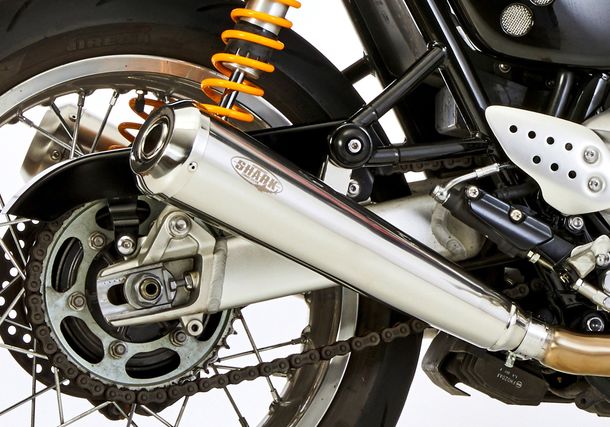 Silenciador trasero Shark Retro con catalizador de acero inoxidable pulido brillante plateado con homologación para Triumph Bonneville T100 865 ccm Año de fabricación 2008