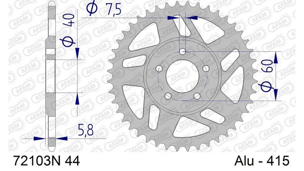 Kettenrad AFAM 415 LK 60 Ø 40 44Z 5-Loch Aluminium Silber