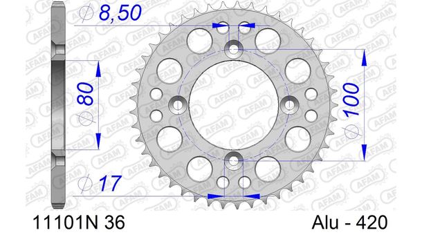 Kettenrad AFAM 420 LK 100 Ø 80 36Z 4-Loch Aluminium Silber
