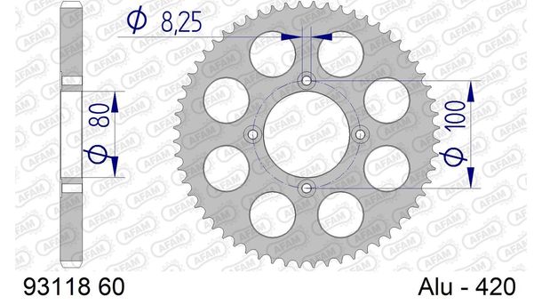 Kettenrad AFAM 420 LK 100 Ø 80 60Z 4-Loch Aluminium Silber