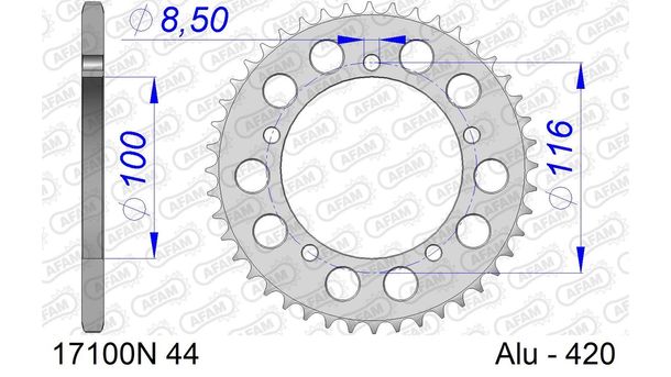 Kettenrad AFAM 420 LK 116 Ø 100 44Z 5-Loch Aluminium Silber