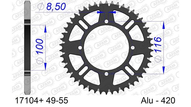 Kettenrad AFAM 420 LK 116 Ø 100 50Z 4-Loch Aluminium Gun Metal