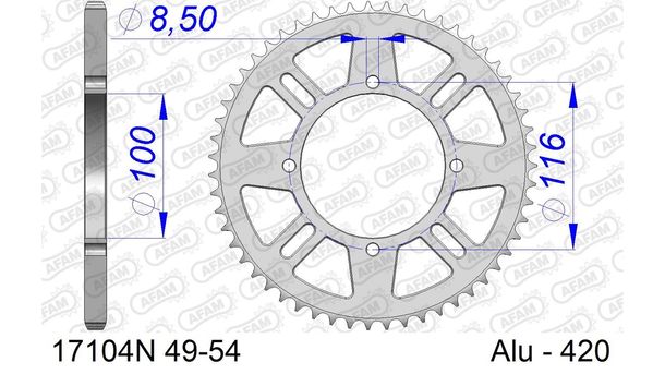 Kettenrad AFAM 420 LK 116 Ø 100 54Z 4-Loch Aluminium Silber
