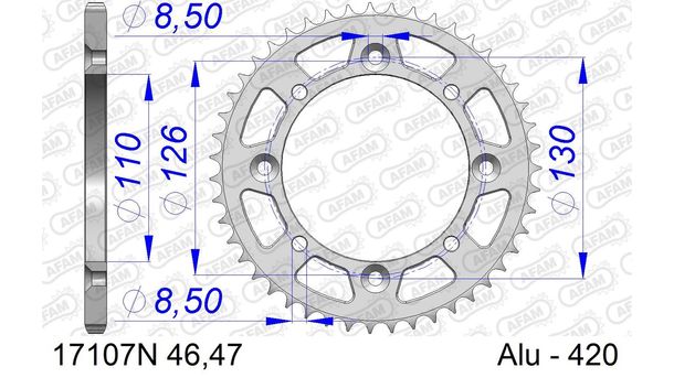 Kettenrad AFAM 420 LK 130 Ø 110 47Z 4-Loch Aluminium Silber