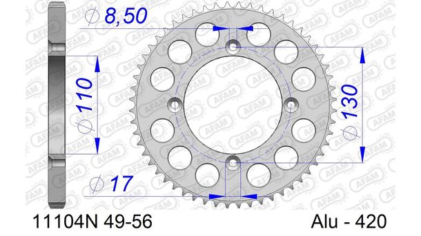 AFAM 420 LK 130 Ø 110 50Z 4-hole aluminum silver sprocket
