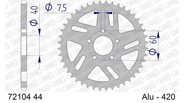 Kettenrad AFAM 420 LK 60 Ø 40 44Z 5-Loch Aluminium Silber