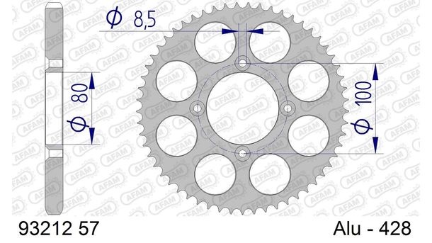 Kettenrad AFAM 428 LK 100 Ø 80 57Z 4-Loch Aluminium Silber