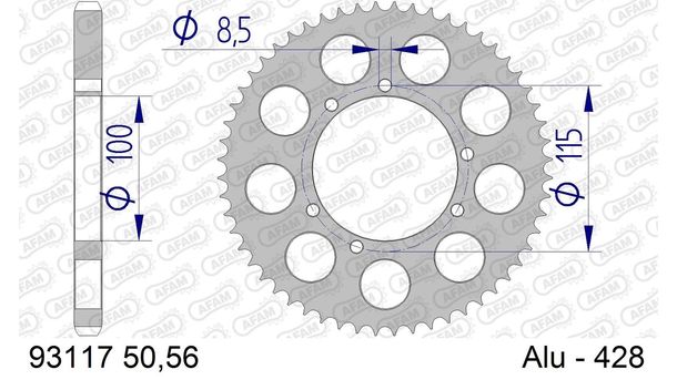 Kettenrad AFAM 428 LK 115 Ø 100 50Z 6-Loch Aluminium Gun Metal