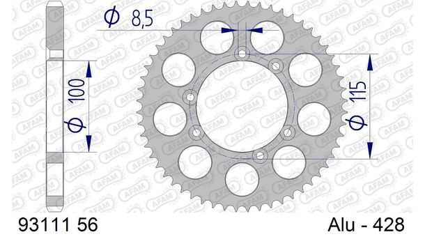 Kettenrad AFAM 428 LK 115 Ø 100 56Z 6-Loch Aluminium Silber