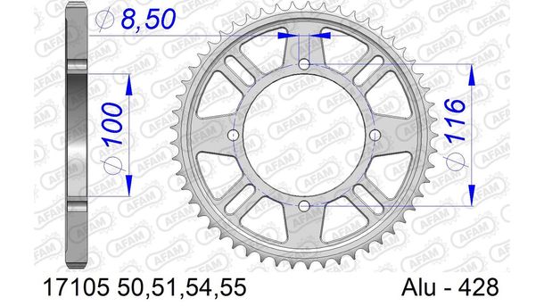 Kettenrad AFAM 428 LK 116 Ø 100 50Z 4-Loch Aluminium Silber