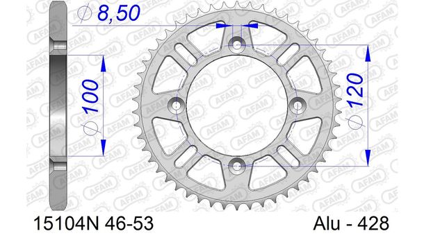 Kettenrad AFAM 428 LK 120 Ø 100 52Z 4-Loch Aluminium Silber