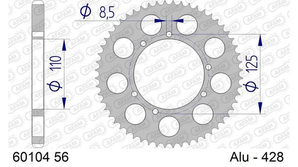 Kettenrad AFAM 428 LK 125 Ø 110 56Z 6-Loch Aluminium Silber