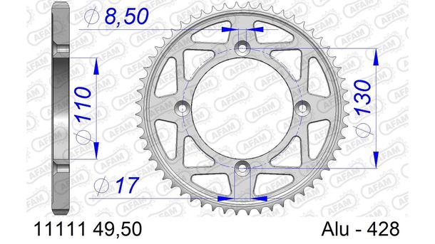 Kettenrad AFAM 428 LK 130 Ø 110 50Z 4-Loch Aluminium Silber