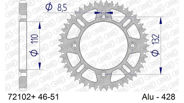 Kettenrad AFAM 428 LK 132 Ø 110 47Z 4-Loch Aluminium Gun Metal