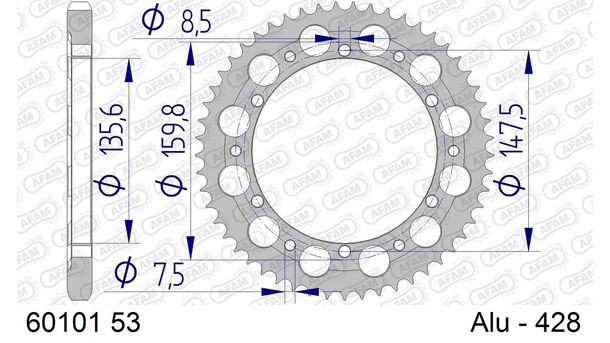 Kettenrad AFAM 428 LK 147,5 Ø 135, 53Z 6-Loch Aluminium Silber