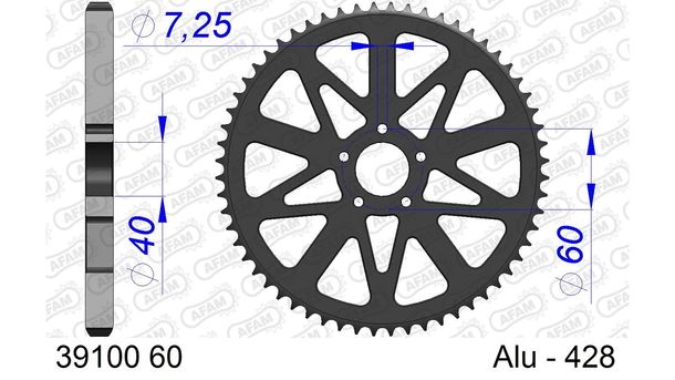 Kettenrad AFAM 428 LK 60 Ø 40 60Z 5-Loch Aluminium Silber