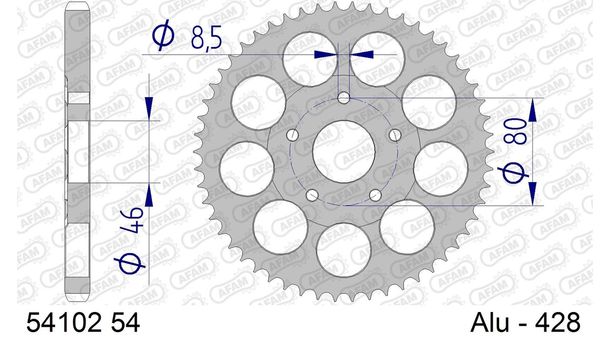 Kettenrad AFAM 428 LK 80 Ø 46 54Z 5-Loch Aluminium Gun Metal